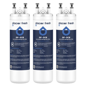 Three Glacier Fresh GF-3CB ice and water refrigerator filters on a white background