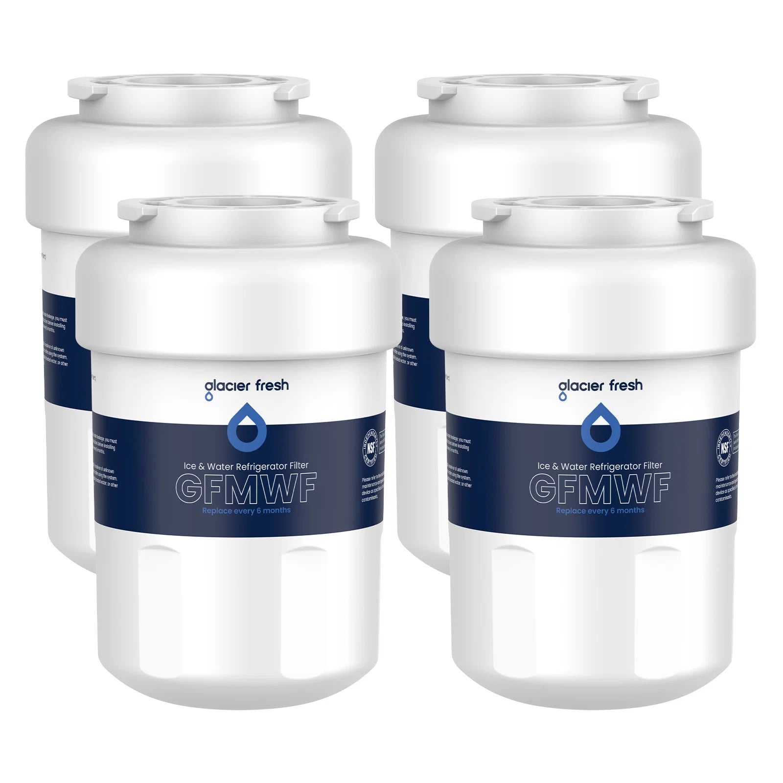 Four Glacier Fresh GFMWF refrigerator water filters on a white background