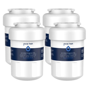 Four Glacier Fresh GFMWF refrigerator water filters on a white background