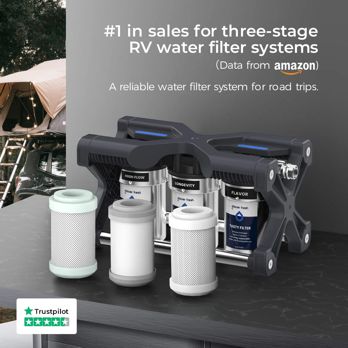 Three-stage RV water filter system with three replacement filter cartridges displayed on a dark tabletop, with a camping tent in the background and text overlays highlighting its sales ranking and a Trustpilot rating.