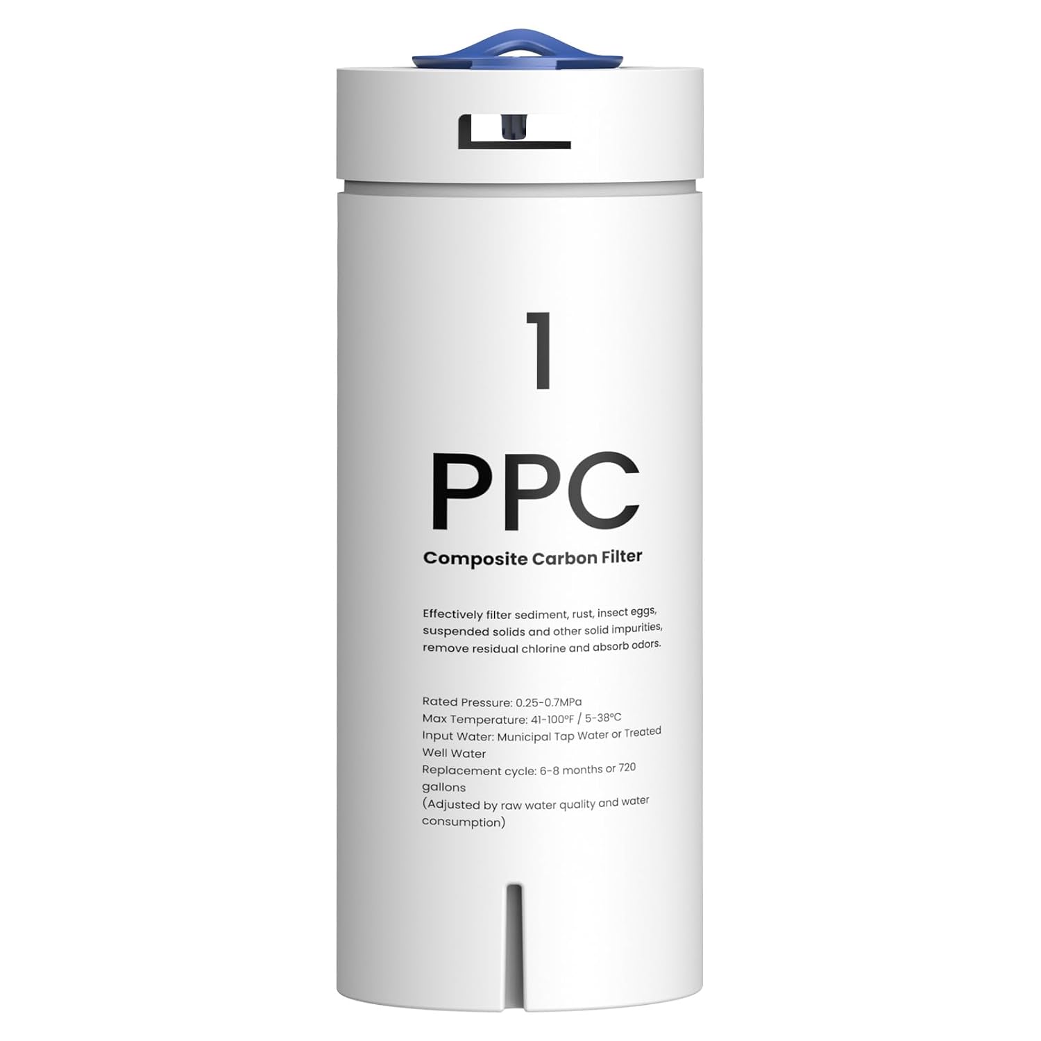 A white cylindrical PPC composite carbon filter with a blue top handle and black printed text, shown on a plain white background.