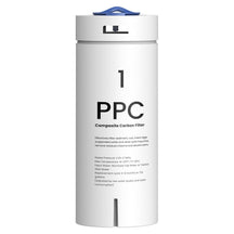 A white cylindrical PPC composite carbon filter with a blue top handle and black printed text, shown on a plain white background.