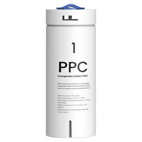 A white cylindrical PPC composite carbon filter with a blue top handle and black printed text, shown on a plain white background.