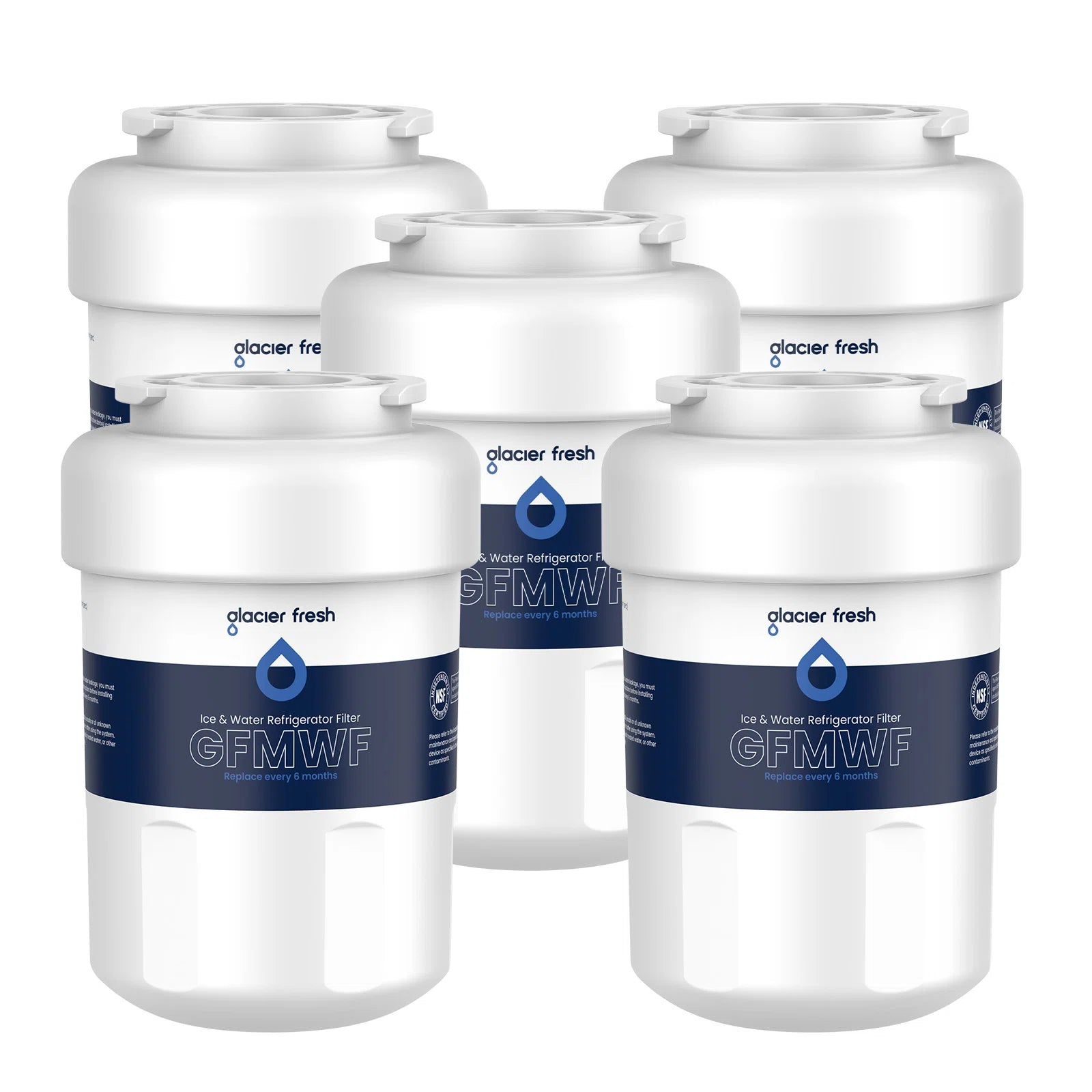 five Glacier Fresh water filter cartridges on a white background