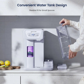 Person replacing a water tank on a water dispenser with text about convenient water tank design.
