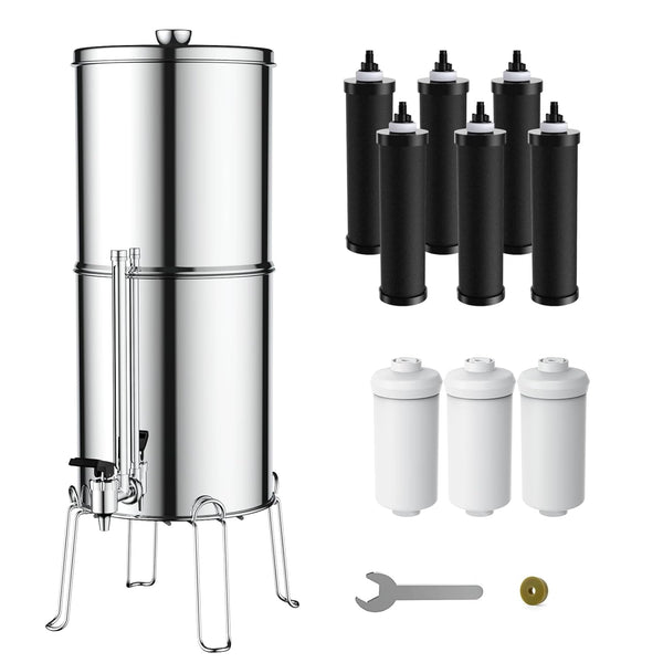 Glacier Fresh Gravity-fed Water Filter System with 9 Filters, 3G Stainless-Steel System, Metal Water Level Spigot, and Stand