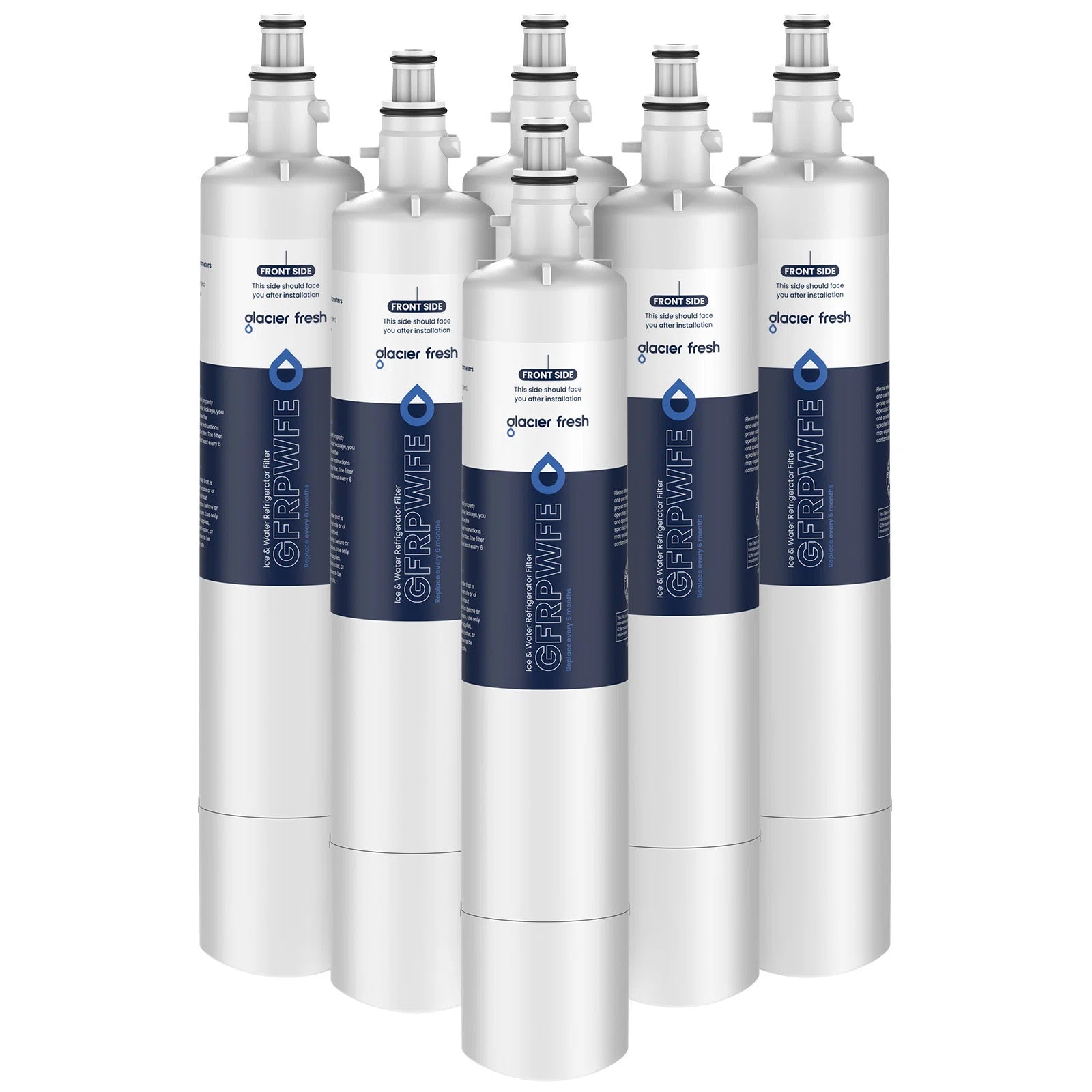Set of six Glacier Fresh water filters on a white background