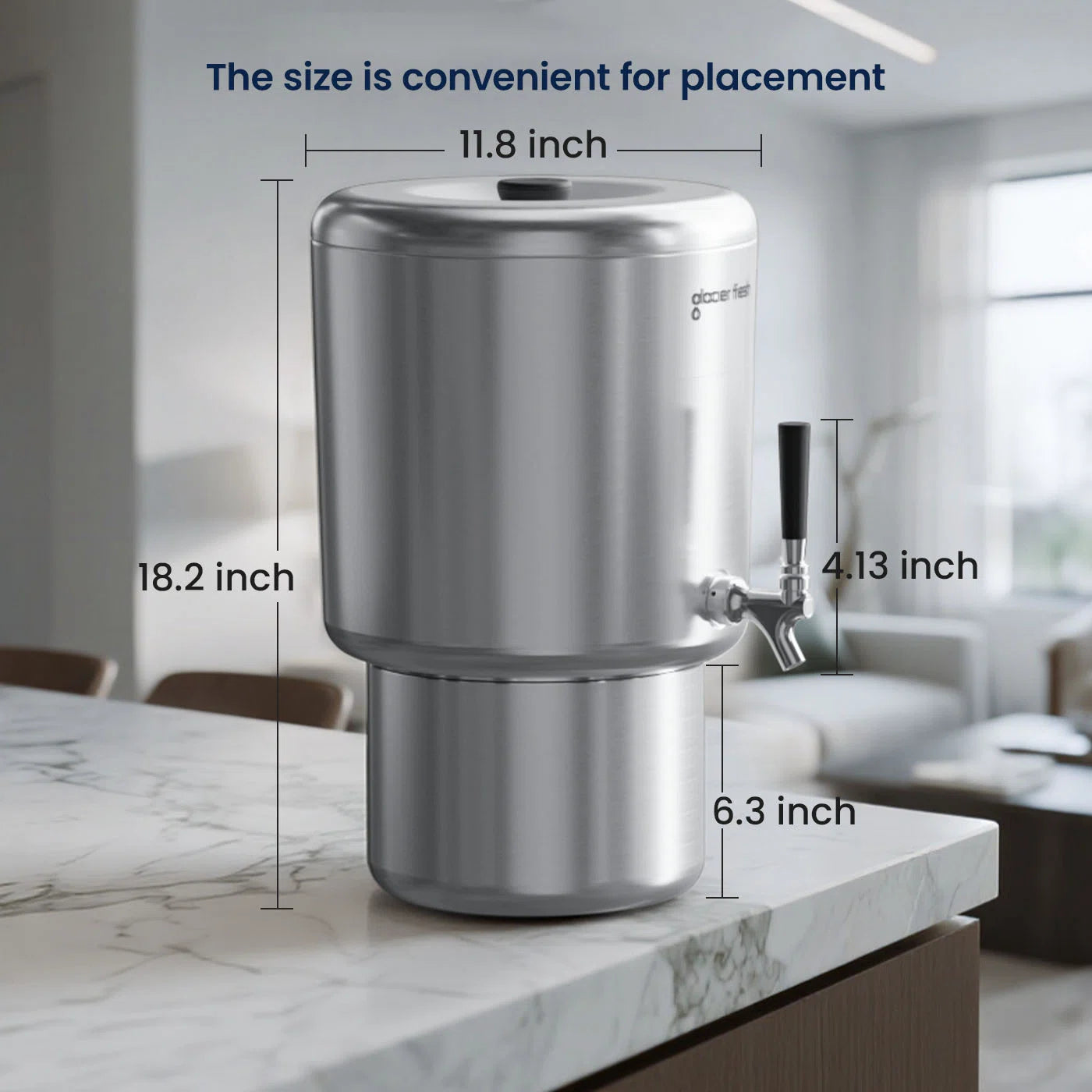 Stainless steel water filter with dimensions labeled on a kitchen counter.
