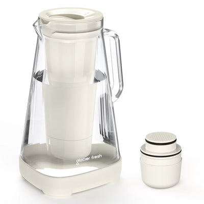 A clear glass water filter pitcher with a white handle and base, alongside a removable white filter cartridge, against a white background.