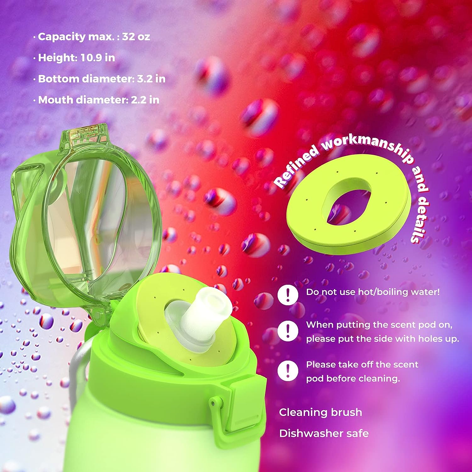 JMEY Scent-Based™ Water Bottle with Straw Leakproof Flip, 1-Pack Scent Pod (D-Ring™ Plus, 60 Days), BPA-Free, 32oz