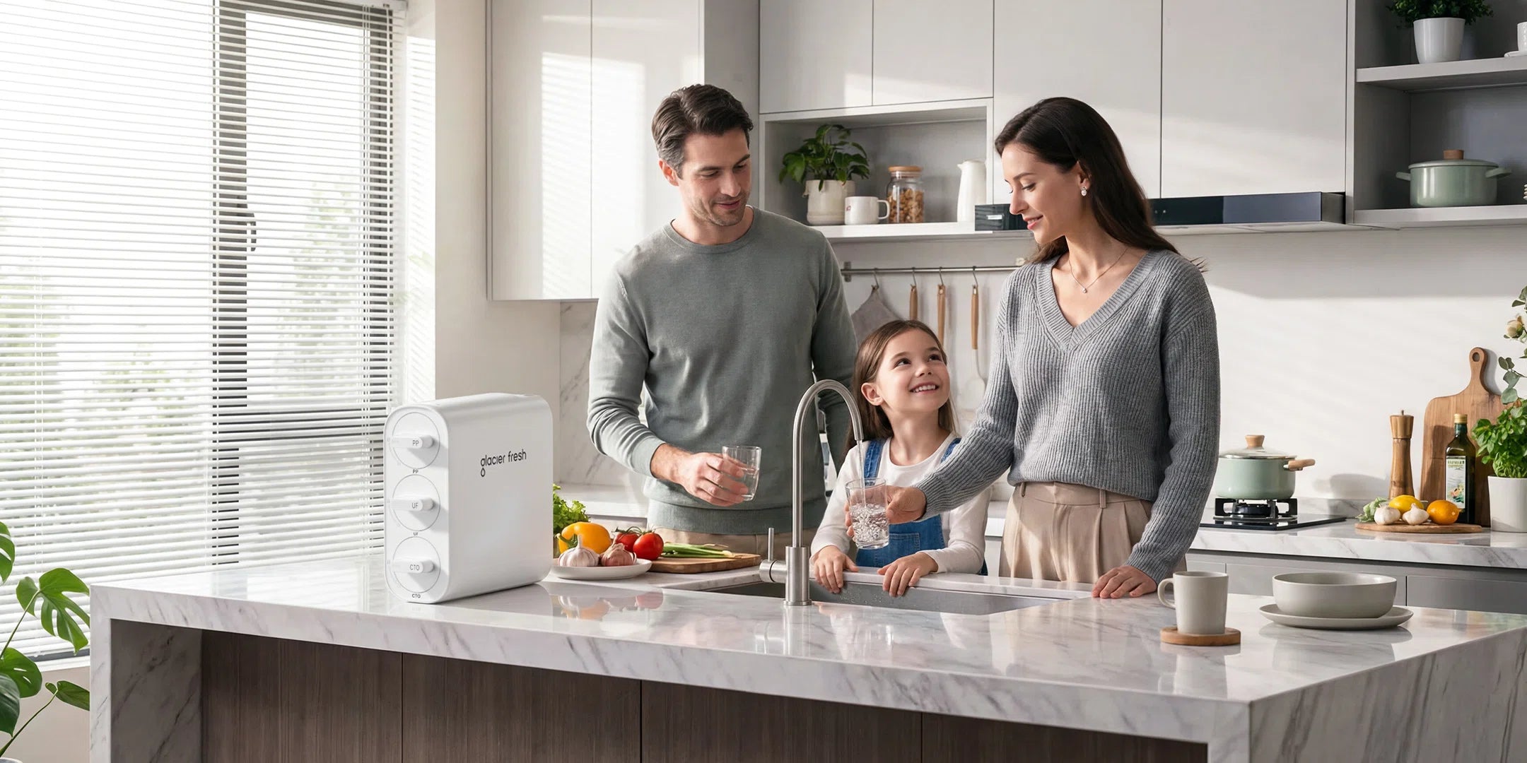 Family in a modern kitchen with a water filter pitcher on the counter.