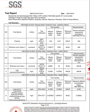 A test report page from SGS , nsf showing glacierfresh pc04 countertop filter unit test results, including parameters like chlorine, particle count, VOC reduction, and lead 5.6, with tables, logos, and certification text.