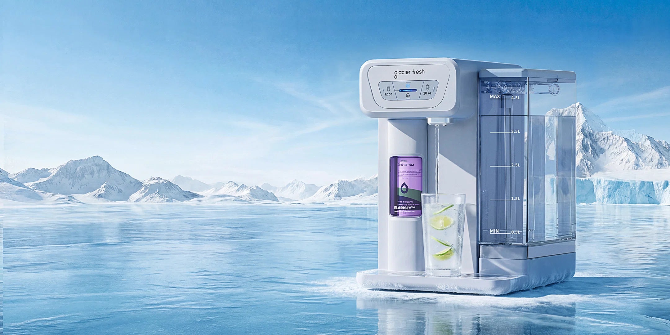 glacierfresh water dispenser with a purple filter on a snowy mountain landscape