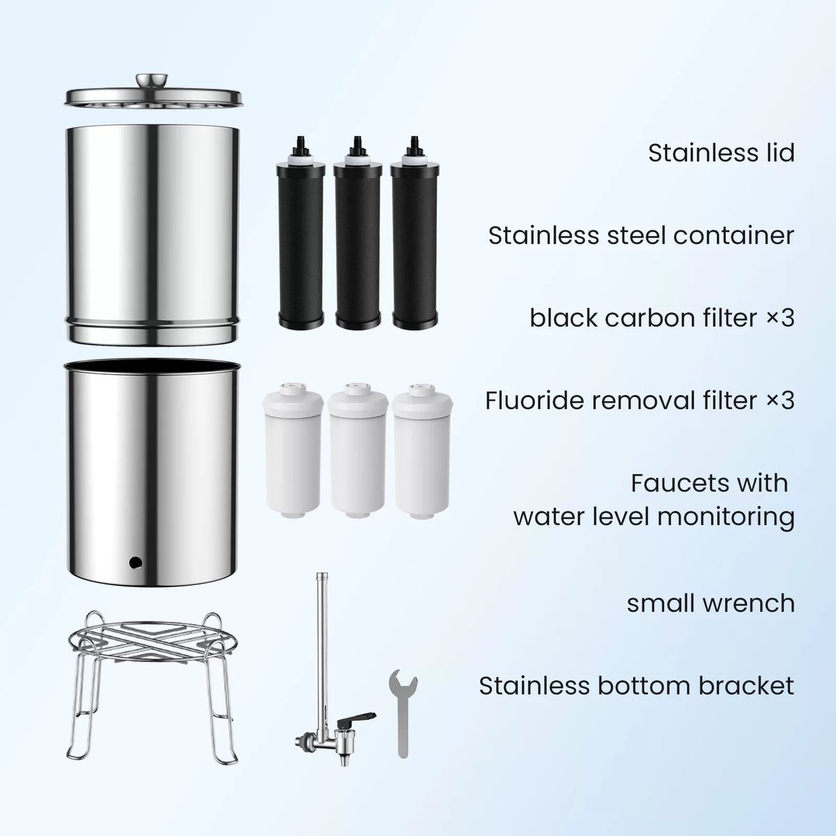 Glacier Fresh Gravity-fed Water Filter System, 3G Stainless-Steel System with 6 Filters, Metal Water Level Spigot, and Stand