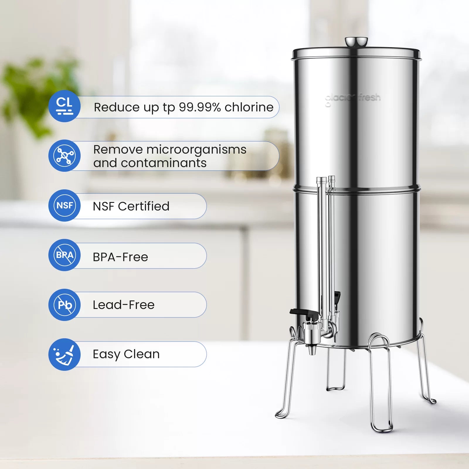 Glacier Fresh Gravity-fed Water Filter System, 3G Stainless-Steel System with 6 Filters, Metal Water Level Spigot, and Stand