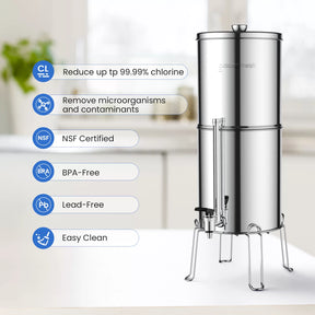 Glacier Fresh Gravity-fed Water Filter System, 3G Stainless-Steel System with 6 Filters, Metal Water Level Spigot, and Stand