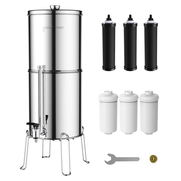Glacier Fresh Gravity-fed Water Filter System, 3G Stainless-Steel System with 6 Filters, Metal Water Level Spigot, and Stand