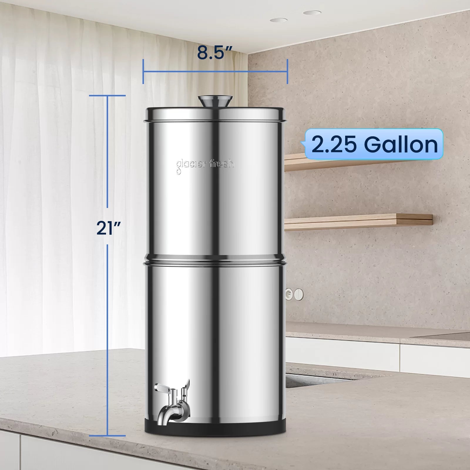 2.25G Gravity-fed Water Filter System, Stainless-Steel System with 2 Filters