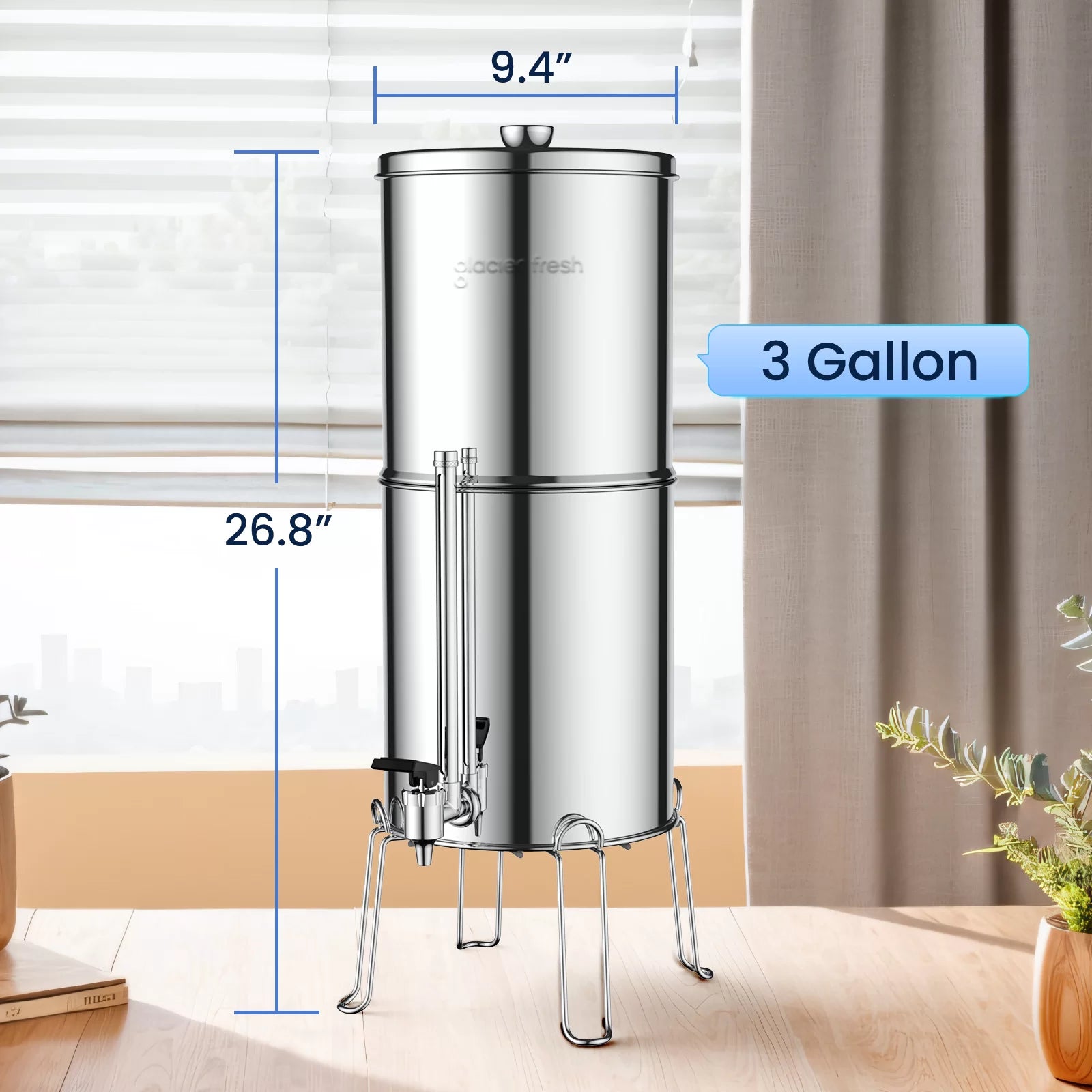 Glacier Fresh Gravity-fed Water Filter System, 3G Stainless-Steel System with 6 Filters, Metal Water Level Spigot, and Stand