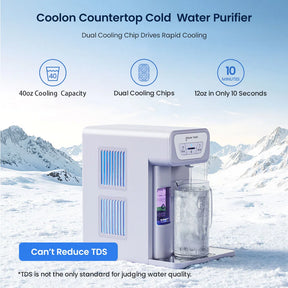 Coolon countertop cold water purifier with mountainous background