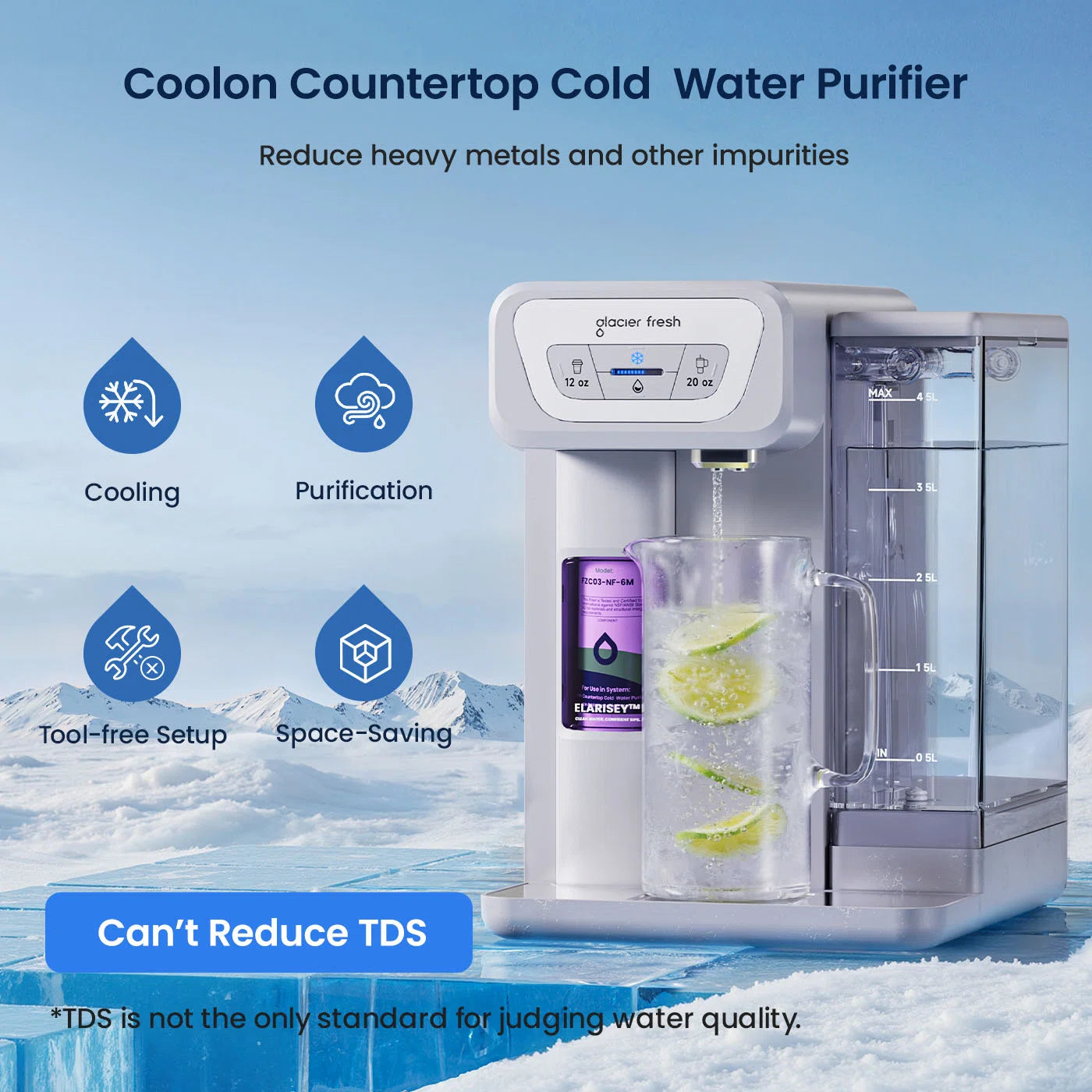 Coolon Countertop Cold Water Purifier with water pitcher and lemon slices on a mountain background