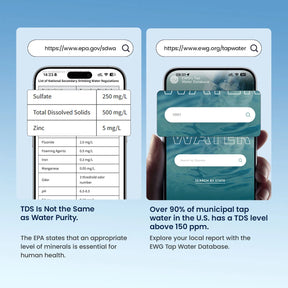 Two smartphone screens displaying EPA and EWG water quality databases on a blue background.
