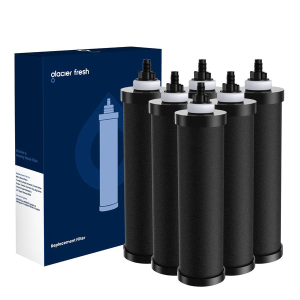 Glacier Fresh Gravity-fed Water Filter System, 3G Stainless-Steel System with 6 Filters, Metal Water Level Spigot, and Stand